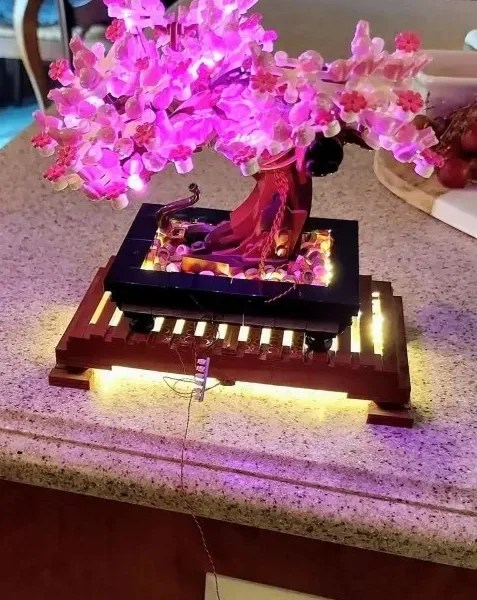 LEGO cherry blossom bonsai tree with pink lights, a gift from his grandson Alex